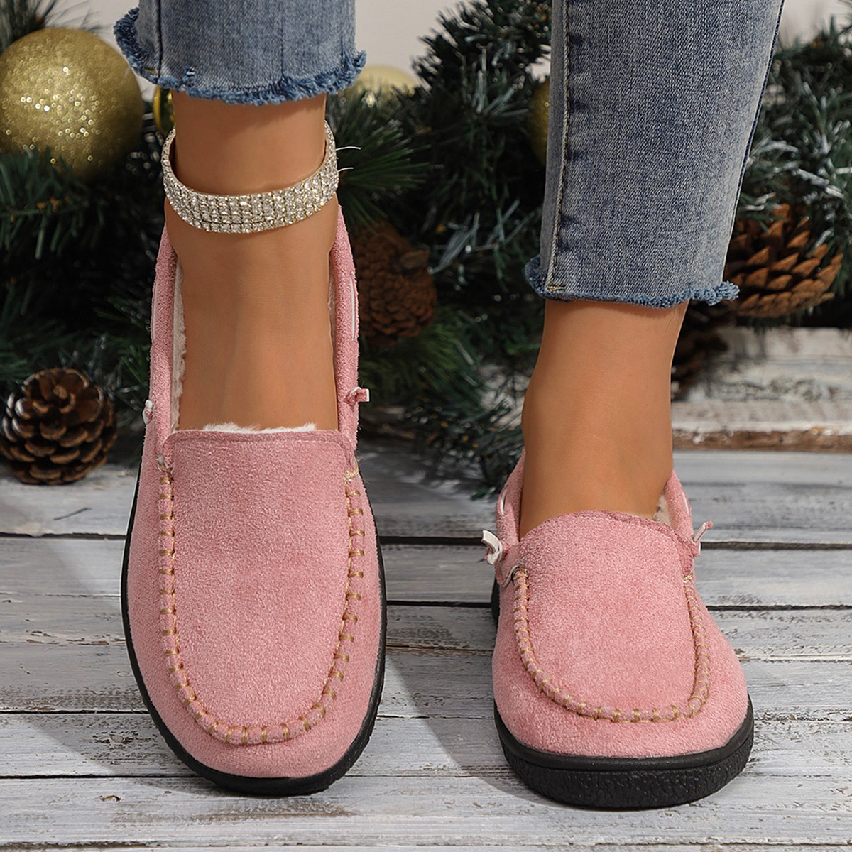 ??Last Day 60% OFF?? Women's Thick Plush Winter Warm Low Heel Fur Lined Slip-On Casual Shoes Warm Shoes