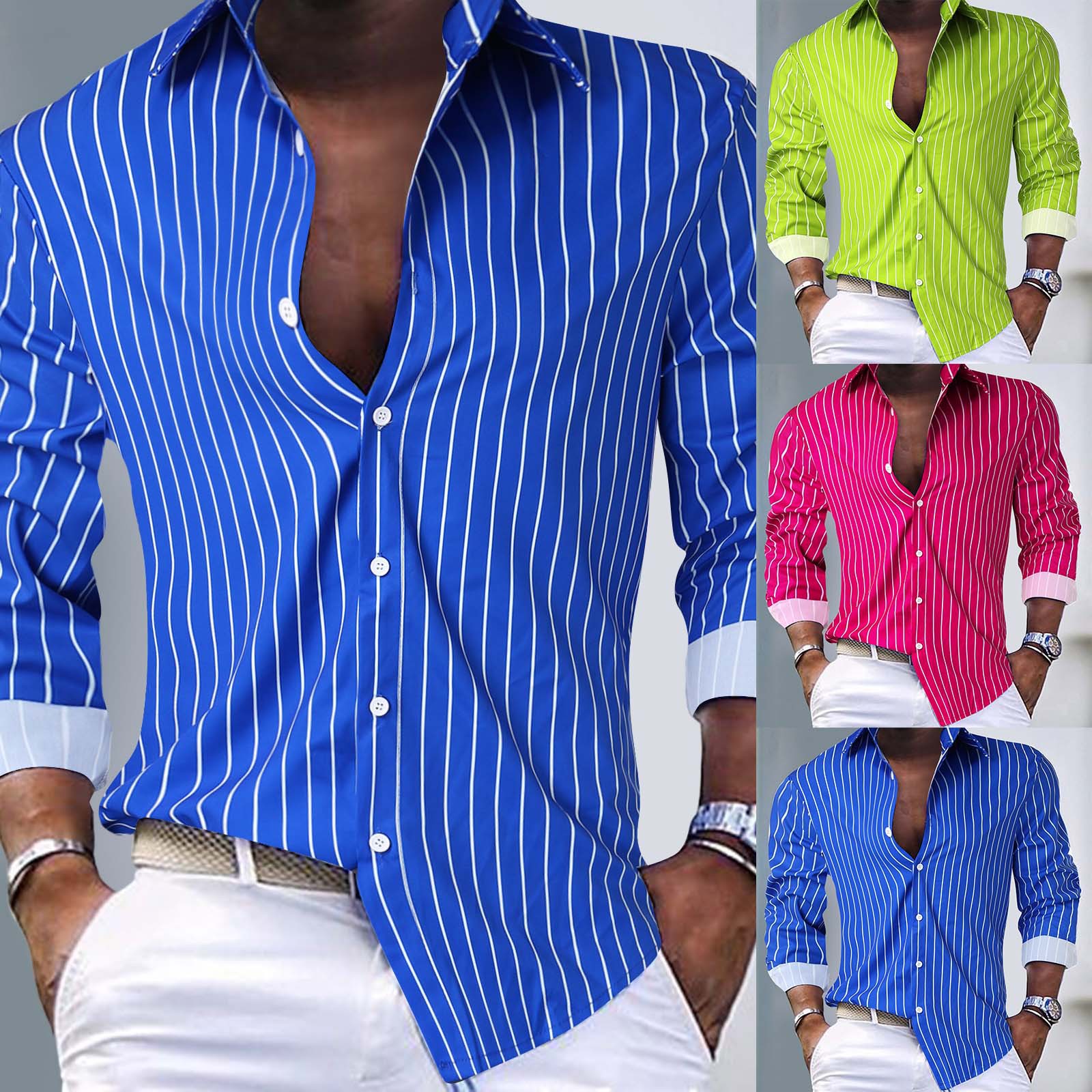 Men's Shirt Button Up Shirt Casual Shirt Summer Shirt Pink Blue Green Long Sleeve Stripes Lapel Hawaiian Holiday Button-Down Clothing Apparel Fashion Casual Comfortable