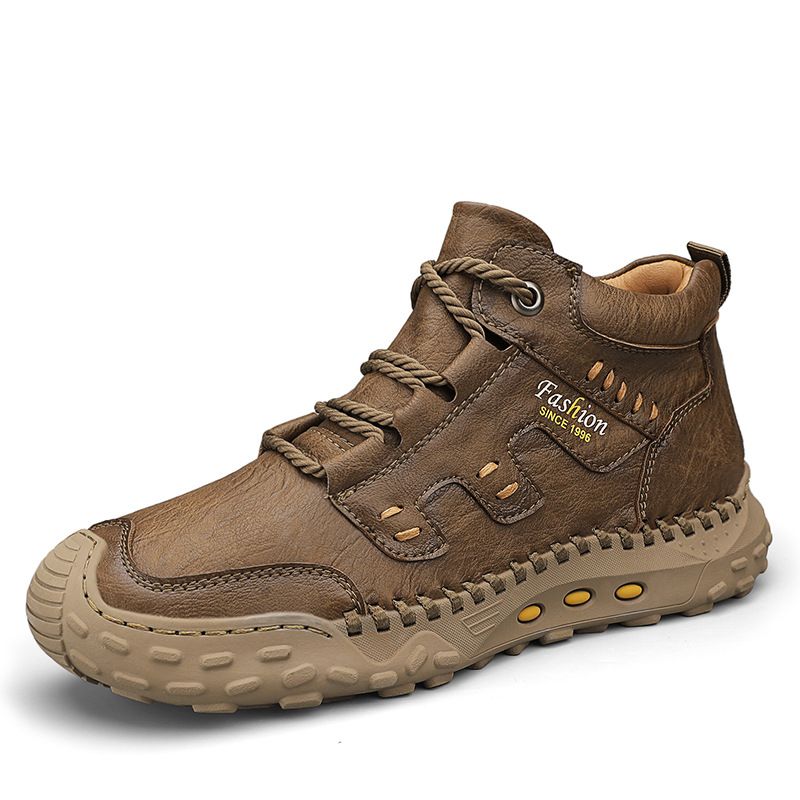 Men's Brown Faux Leather Outdoor Hiking Boots with Handcrafted Stitching, Lace-Up Design, and Non-Slip Sole - Durable and Comfortable Adventure Footwear