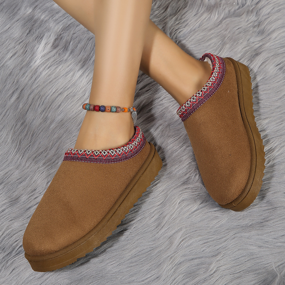 Women's Fur Lined Sandals And Platform Snow Boots - Warm And Durable Shoes For Outdoor Non Slip Comfort, Thickened Flat Soles With Winter Slippers