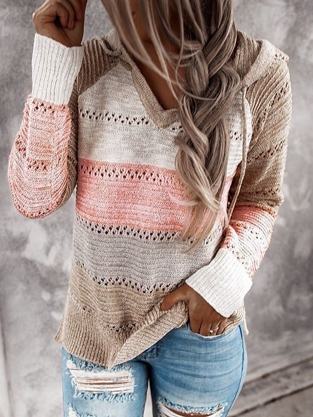 Women's Pullover Sweater Jumper Hooded Crochet Knit Thin Fall Winter Tunic Work Daily Holiday Casual Soft Long Sleeve Color Block Black Wine Blue S M L