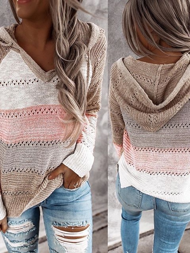 Women's Pullover Sweater Jumper Hooded Crochet Knit Thin Fall Winter Tunic Work Daily Holiday Casual Soft Long Sleeve Color Block Black Wine Blue S M L