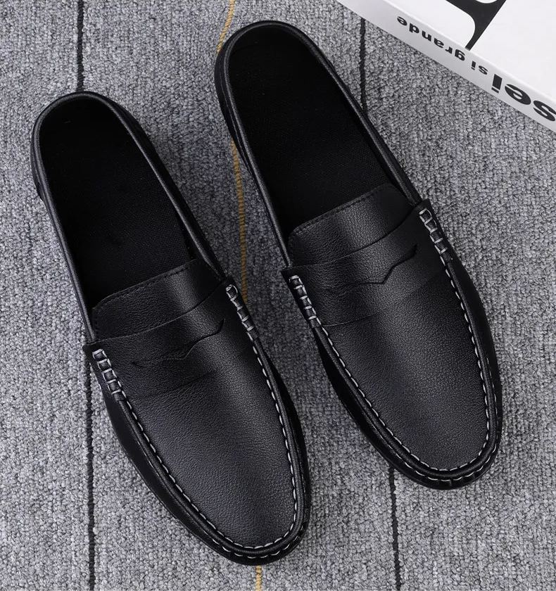 Luxury Men Leather Penny Loafers, Casual Straw Woven-Style Slip-On Flat Shoes With Convenient Elastic Band, Formal Shoes For Daily Wear, Wedding, Banquet, Office, Business Occasions In Spring And Autumn