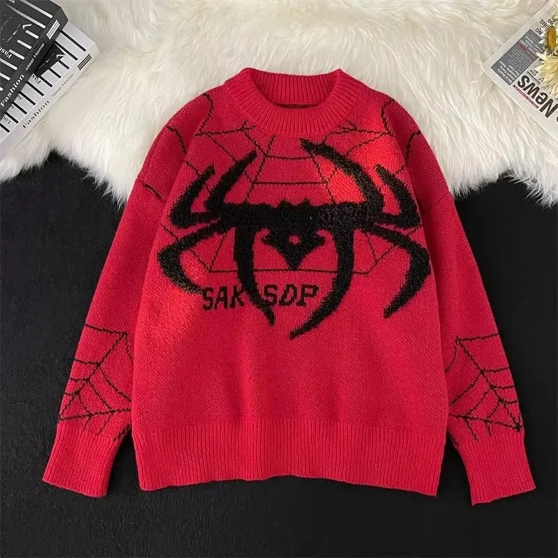  Y2K American Diablo Retro Spider Sweater Hip-hop Harajuku Printed Men and Women Loose Long-Sleeved Round Neck Sweater Streetwear