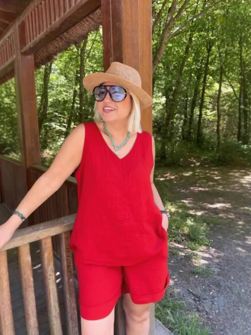  ??Women's Summer 2 Piece Linen Skirt Sets V-Neck Top-🔥???????????????? ?????????? ????% ??????