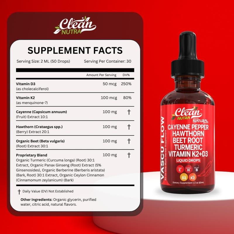 Cayenne Pepper Supplement Liquid Drops + Hawthorn Berry, Vitamin D3 K2 Organic Beet Root Powder, Ceylon Cinnamon, Turmeric Curcumin, Panax Ginseng