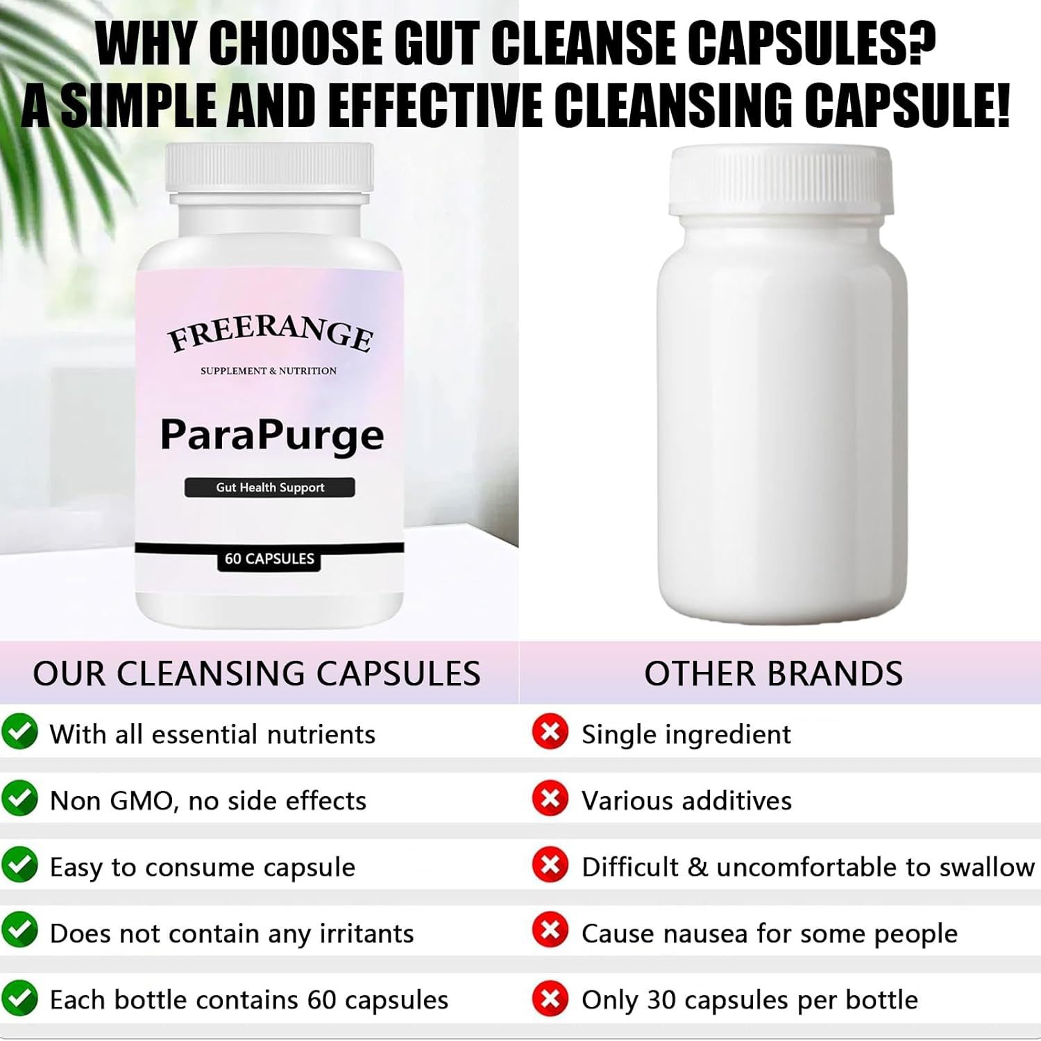 FREERANGE ParaPurge - Gut Health Supplement for Digestive Support & Cleanse, Natural Herbal Detox Formula, 60 Capsules