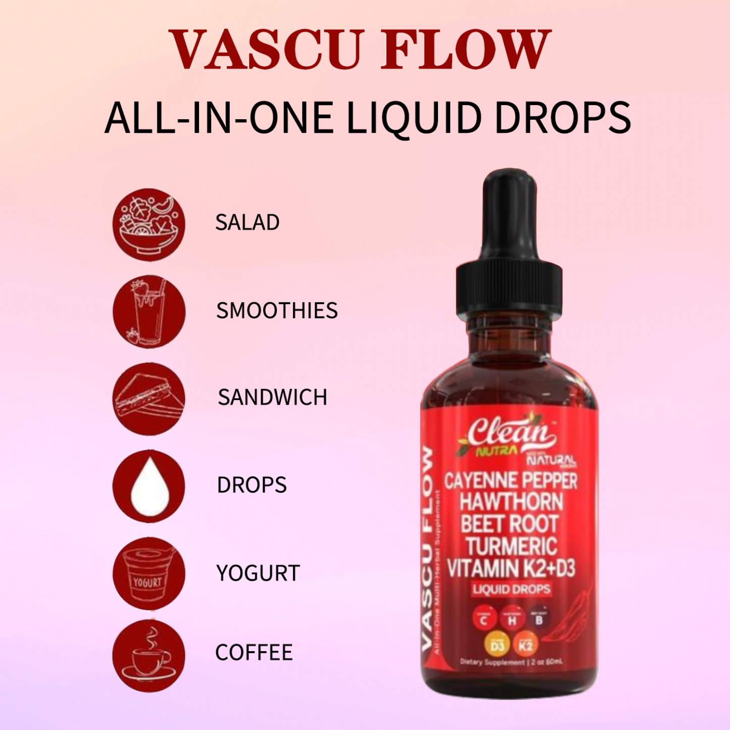 Cayenne Pepper Supplement Liquid Drops + Hawthorn Berry, Vitamin D3 K2 Organic Beet Root Powder, Ceylon Cinnamon, Turmeric Curcumin, Panax Ginseng