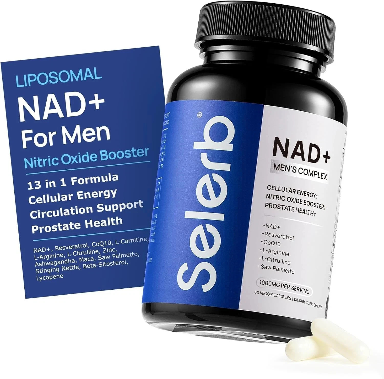 Selerb NAD+ Supplement for Men – With Liposomal-NAD+,CoQ10, L-Carnitine, L-Arginine, Maca & Ashwagandha – Energy, Circulation & Prostate Support – 60 Capsules