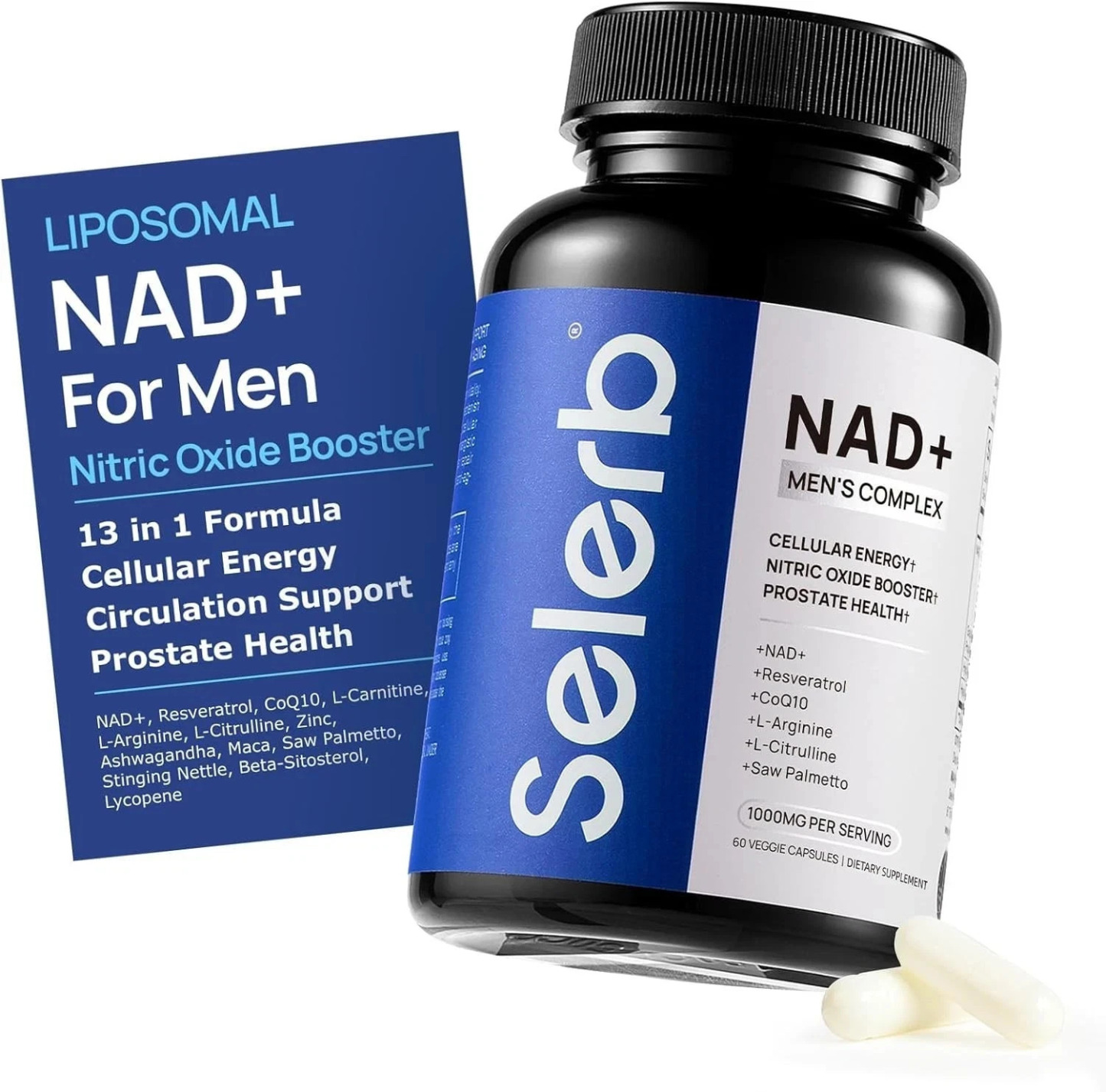Selerb NAD+ Supplement for Men – With Liposomal-NAD+,CoQ10, L-Carnitine, L-Arginine, Maca & Ashwagandha – Energy, Circulation & Prostate Support – 60 Capsules