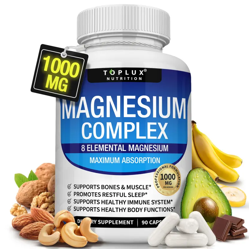 Elfleaf Suplemento Complejo De Magnesio 8 Elemental 1000mg - Glicinato, Citrato, Malato, Taurato De Magnesio, Quelatado Para Fácil Absorción Para Huesos, Músculos, Recuperación, Energía, 90 Cápsulas