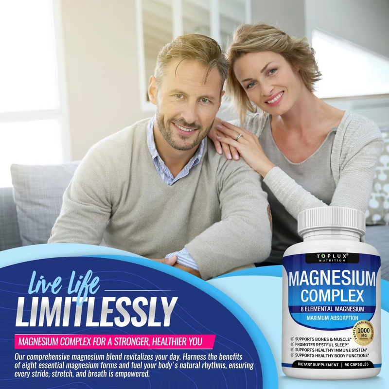 Elfleaf Suplemento Complejo De Magnesio 8 Elemental 1000mg - Glicinato, Citrato, Malato, Taurato De Magnesio, Quelatado Para Fácil Absorción Para Huesos, Músculos, Recuperación, Energía, 90 Cápsulas