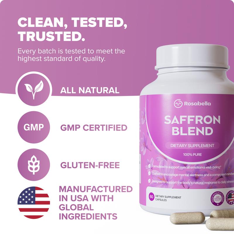 Rosabella Saffron Supplement [88mg] for Mental Clarity, Digestion, Positive Mood & Blue Light Eye Health - Vegan