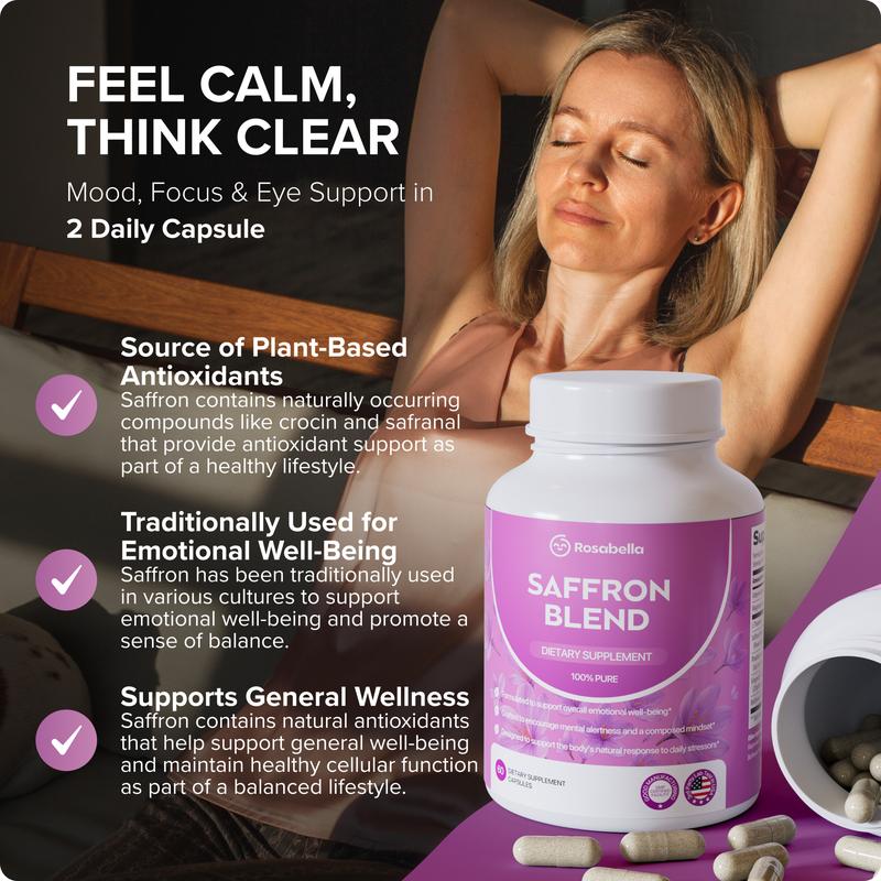 Rosabella Saffron Supplement [88mg] for Mental Clarity, Digestion, Positive Mood & Blue Light Eye Health - Vegan
