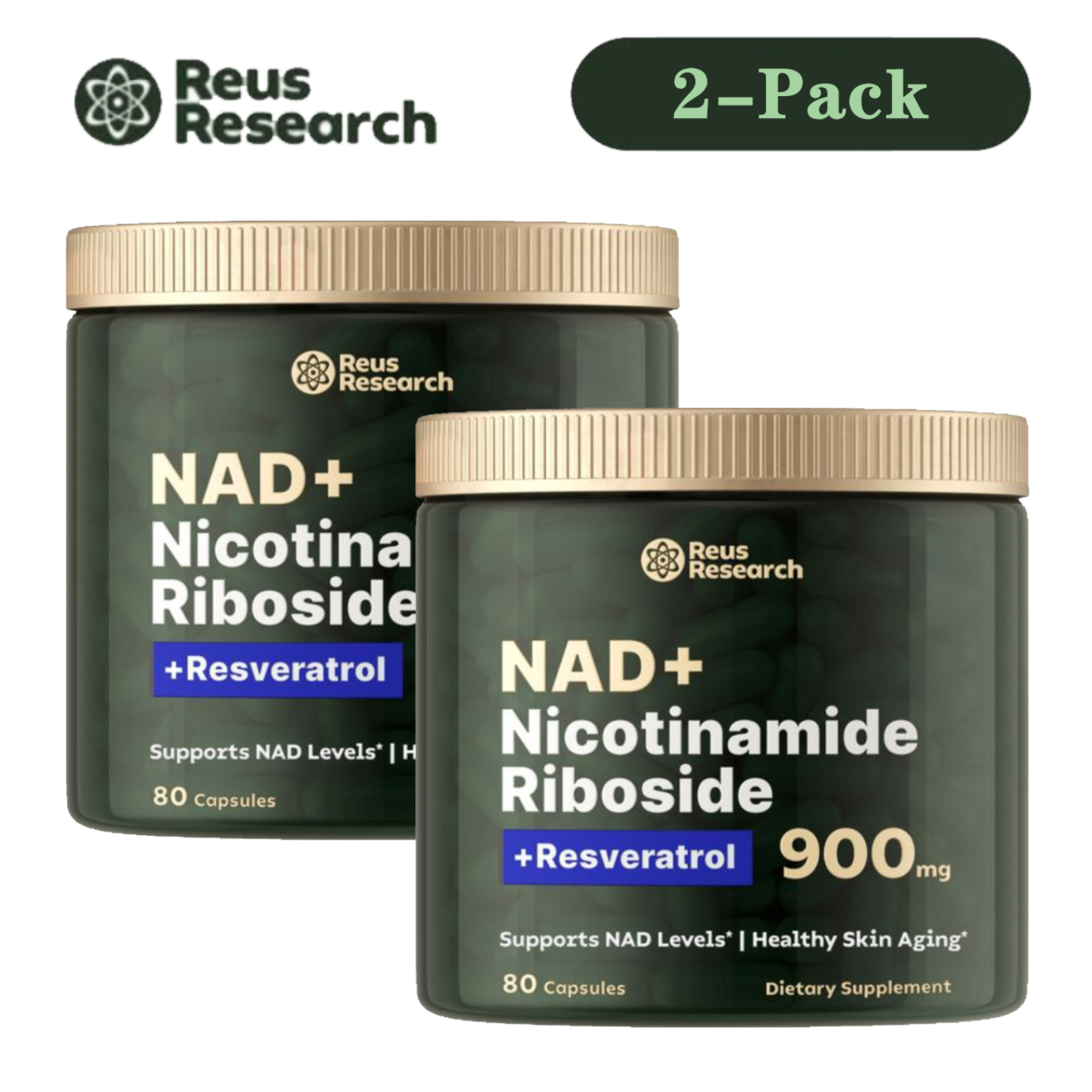 2-Pack Reus Research NAD  Resveratrol 900| Supports Cellular Health, Healthy Skin Aging*| 80 Capsules Dietary Supplement
