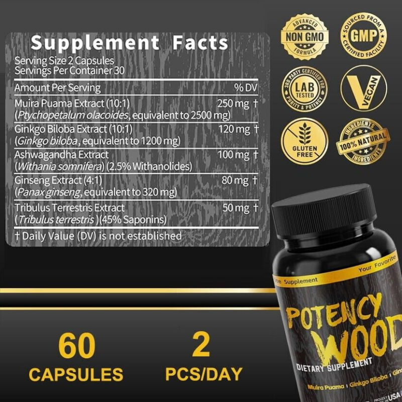 【1pack】Potency Wood Ginseng Ashwagandha GingkoTribulus,Herbal Supplements 60 Capsules,Adaptogen Energy Stamina lmmune AntioxidantsGut Health