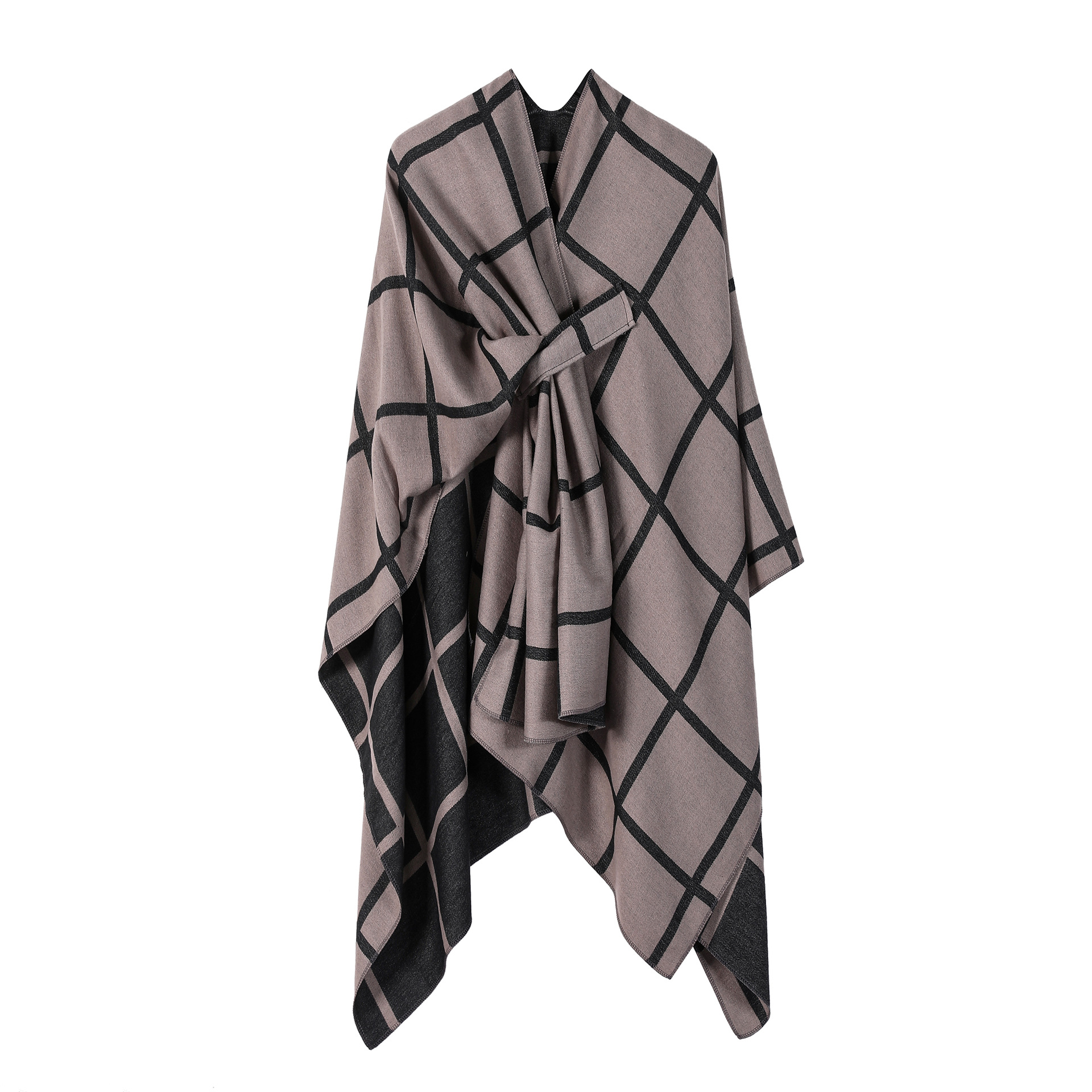Solid Plaid Fixed Shawl