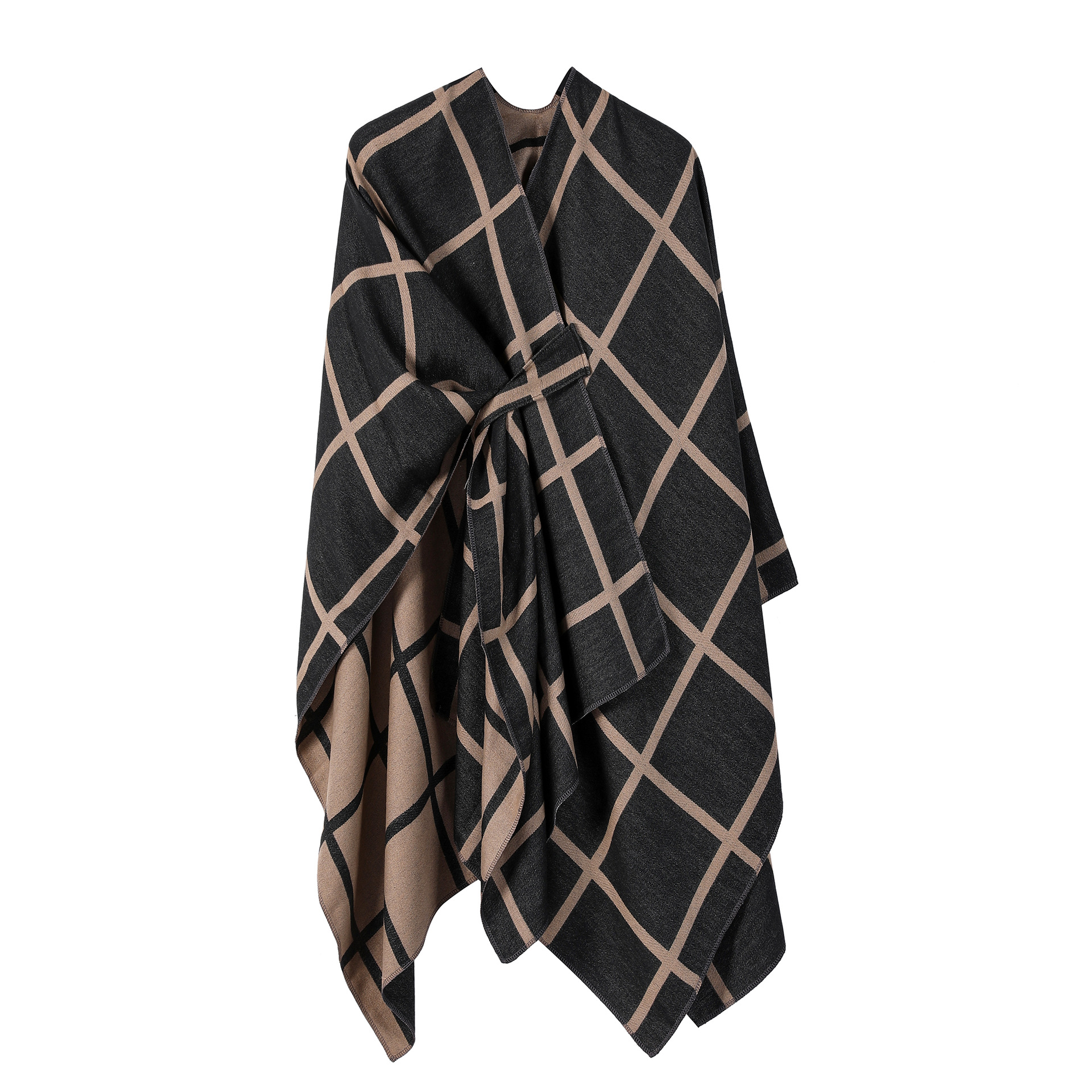 Solid Plaid Fixed Shawl