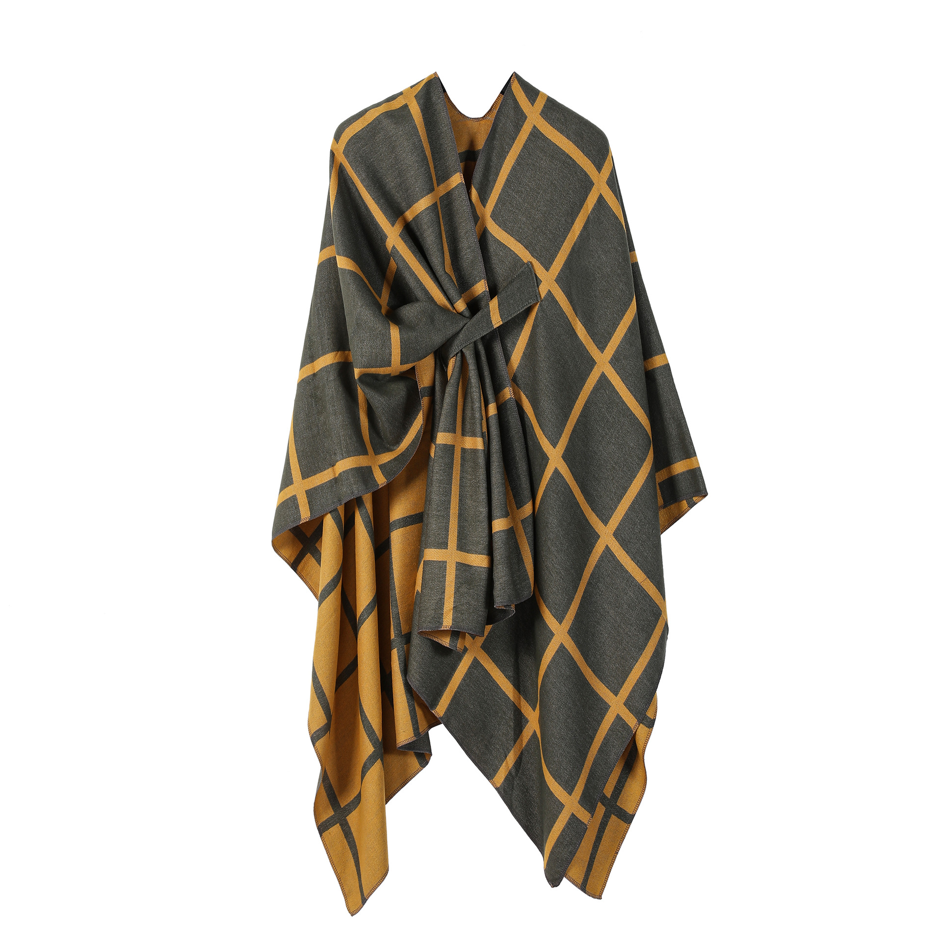 Solid Plaid Fixed Shawl