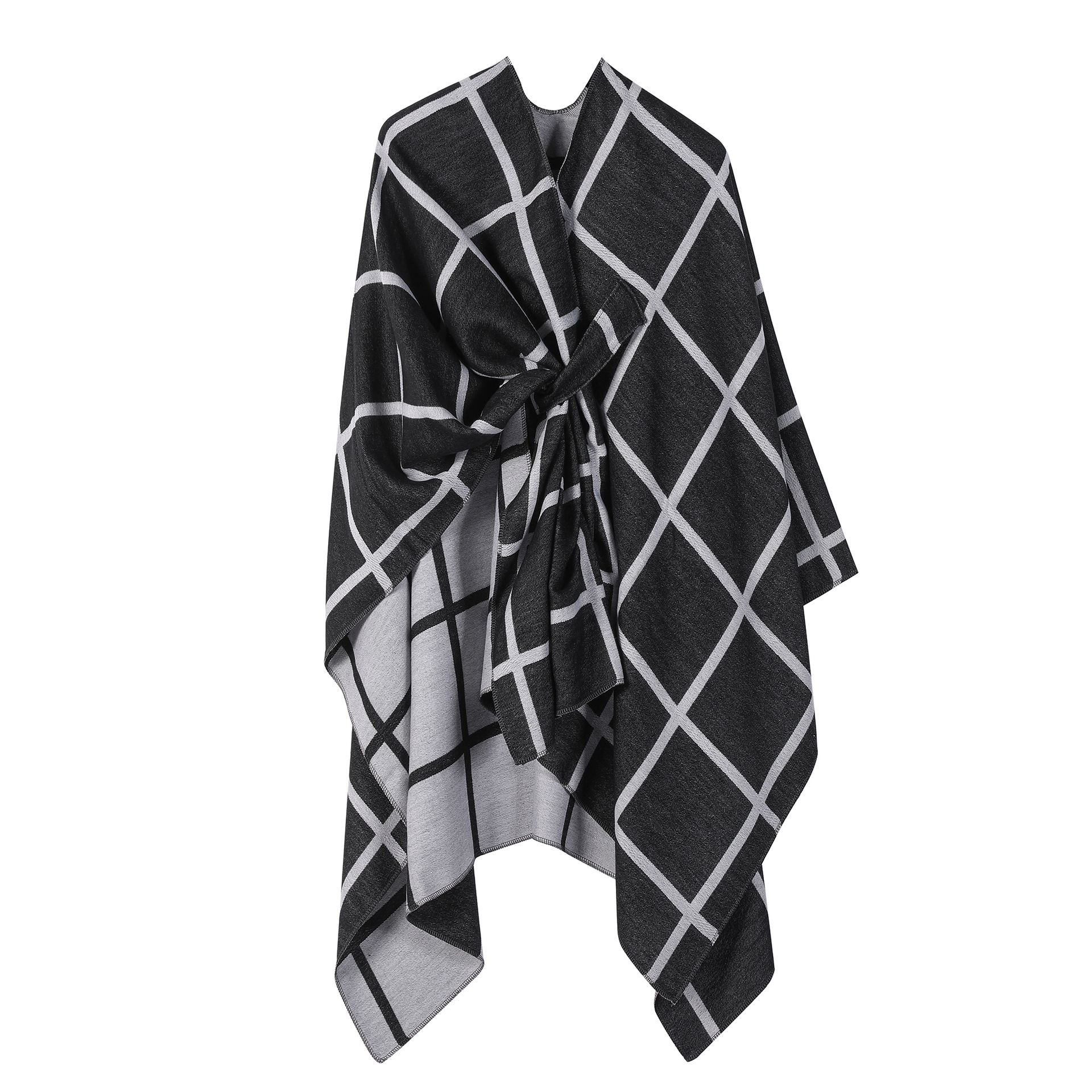 Solid Plaid Fixed Shawl