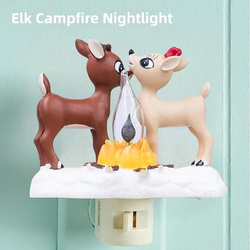 Reindeer Night Light with Flickering Flame – LED Faux Campfire Lamp for Christmas & Halloween Decor, Warm White Twinkling Nightlight for Bedroom, Living Room – Plug in Holiday Home Decoration
