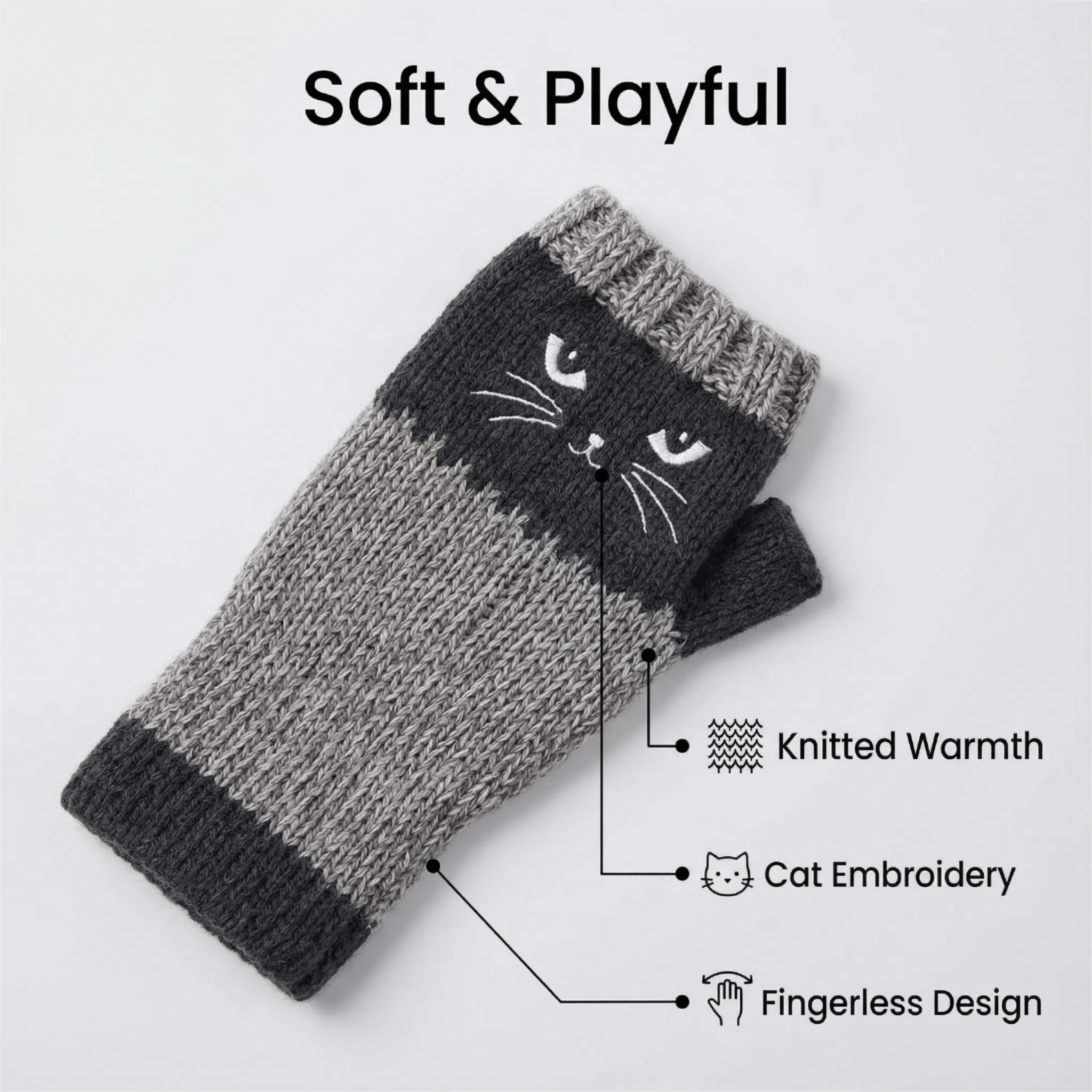 🔥Winter Hot Sale🔥Cat Embroidery Fingerless Gloves - Cozy, Stylish, Casual Winter Wear