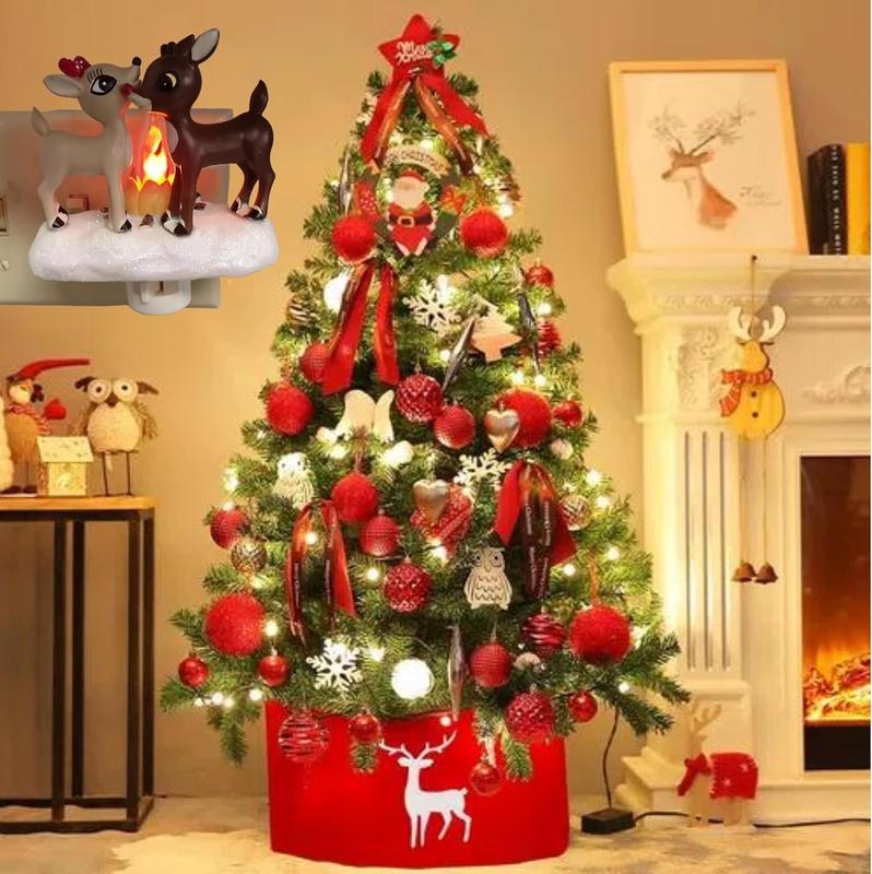 Reindeer Night Light with Flickering Flame – LED Faux Campfire Lamp for Christmas & Halloween Decor, Warm White Twinkling Nightlight for Bedroom, Living Room – Plug in Holiday Home Decoration