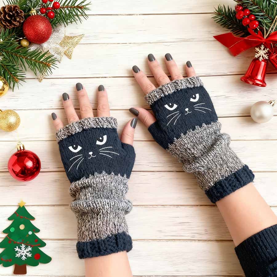 🔥Winter Hot Sale🔥Cat Embroidery Fingerless Gloves - Cozy, Stylish, Casual Winter Wear