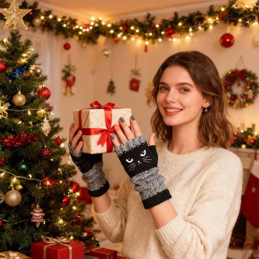 🔥Winter Hot Sale🔥Cat Embroidery Fingerless Gloves - Cozy, Stylish, Casual Winter Wear