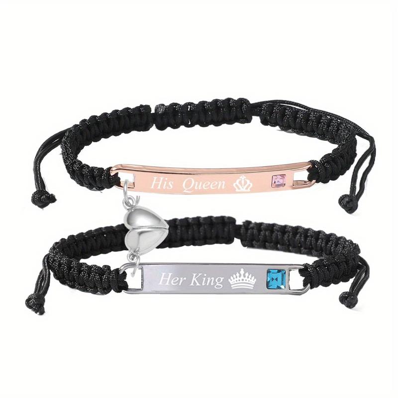 2pcs Set Lovebirds Magnetic Bracelets, Handmade Braided Heart-Shaped Alloy Wristbands with I Love You More" & I Love You Most" Engravings, Adjustable Rope Cuff Bands, Perfect Anniversary Gift for Couples, | Romantic Gift | Alloy Construction, Love Gifts