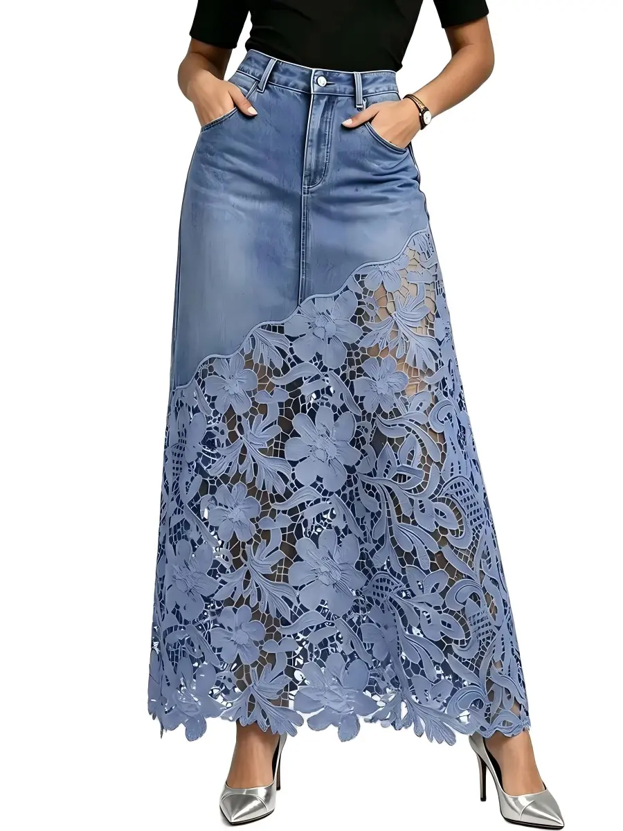 Elegant & Sexy Denim Skirt With Floral Lace Hem