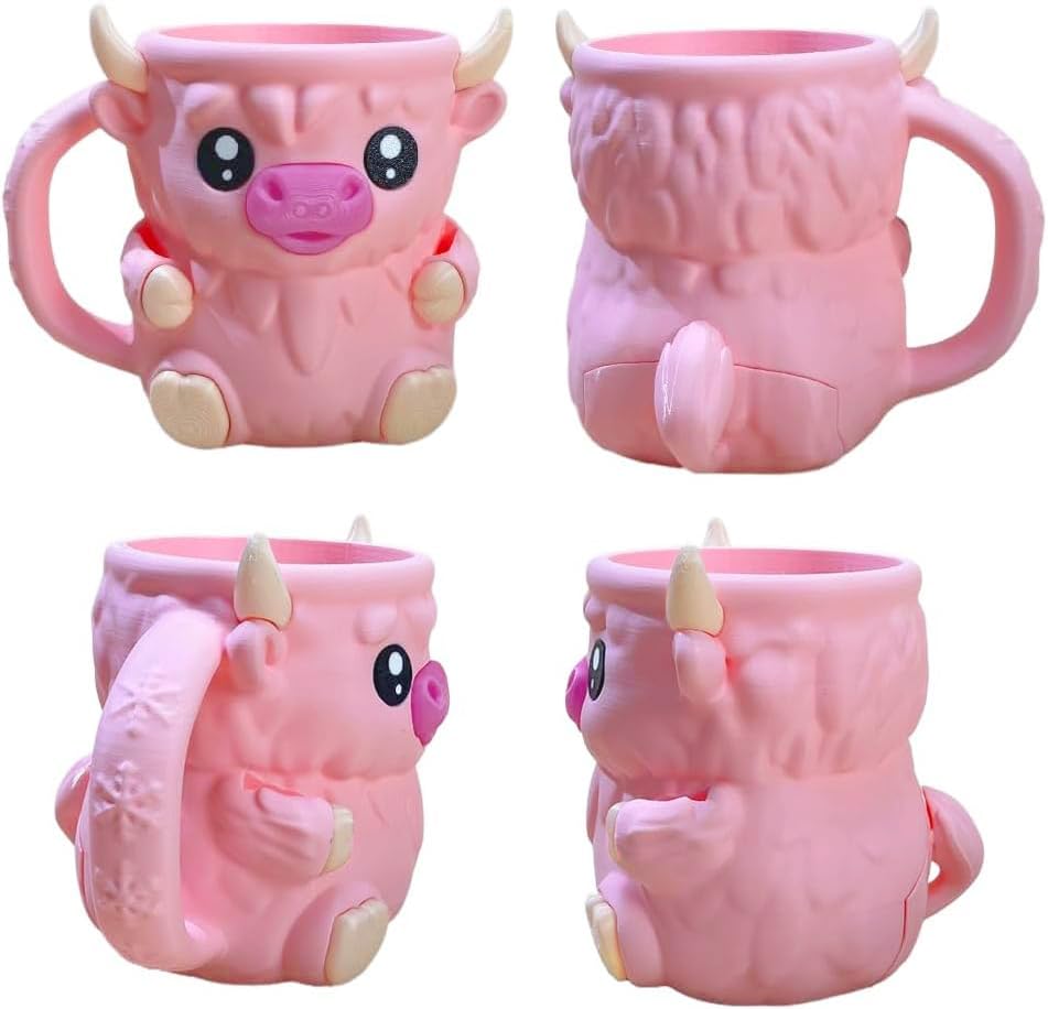 Highland Cow Ice Pint Holder, Cute Cow Ice Cream Pint Holder, Anti-Freeze Hands Ice Cream Sundae with Spoon Slot, Secret Snack Drawer, Reusable Ice Cream, Gift (Pink-1 with Spoons)