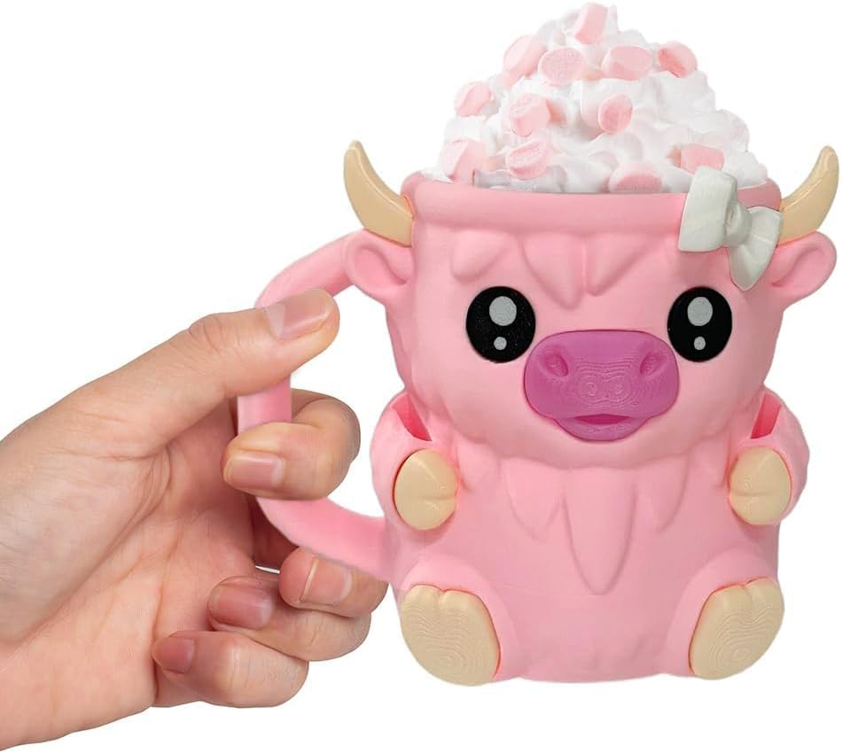 Highland Cow Ice Pint Holder, Cute Cow Ice Cream Pint Holder, Anti-Freeze Hands Ice Cream Sundae with Spoon Slot, Secret Snack Drawer, Reusable Ice Cream, Gift (Pink-1 with Spoons)