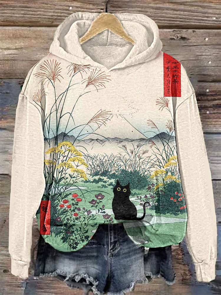 Japanese Art Painting Black Cat Print Casual Cozy Hoodie