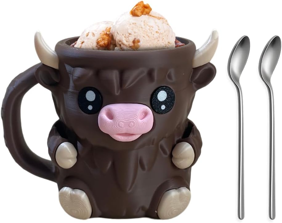 Highland Cow Ice Pint Holder, Cute Cow Ice Cream Pint Holder, Anti-Freeze Hands Ice Cream Sundae with Spoon Slot, Secret Snack Drawer, Reusable Ice Cream, Gift (Pink-1 with Spoons)
