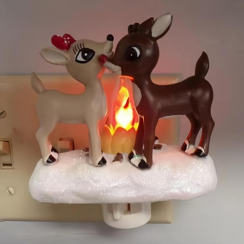 Reindeer Night Light with Flickering Flame – LED Faux Campfire Lamp for Christmas & Halloween Decor, Warm White Twinkling Nightlight for Bedroom, Living Room – Plug in Holiday Home Decoration