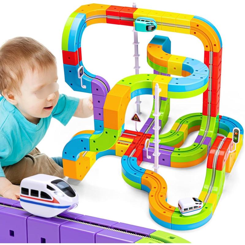 Electric Train Set Flexible Race Track for Kids 4 6 7 8, 48 Pcs Car Track for Toddlers 3-5, Building Toy Train Track Gravity-Defying 3D Embedded Layouts & Motorized Car, STEM Learning Gift