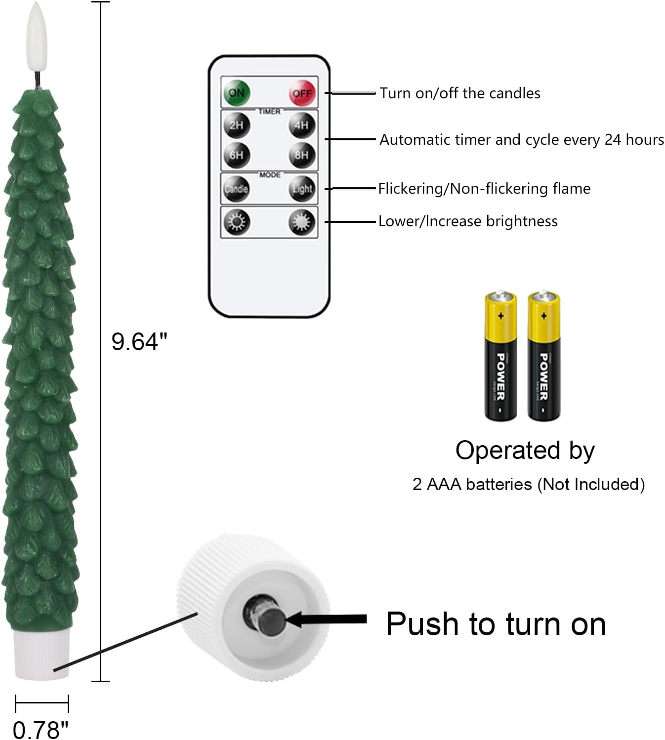 GenSwin Christmas Tree Flameless Taper Candles Flickering with Remote Timer, Real Wax LED Battery Operated Candles Warm 3D Wick Christmas Home Wedding Decor(Green, 0.78 X 9.64 Inch)