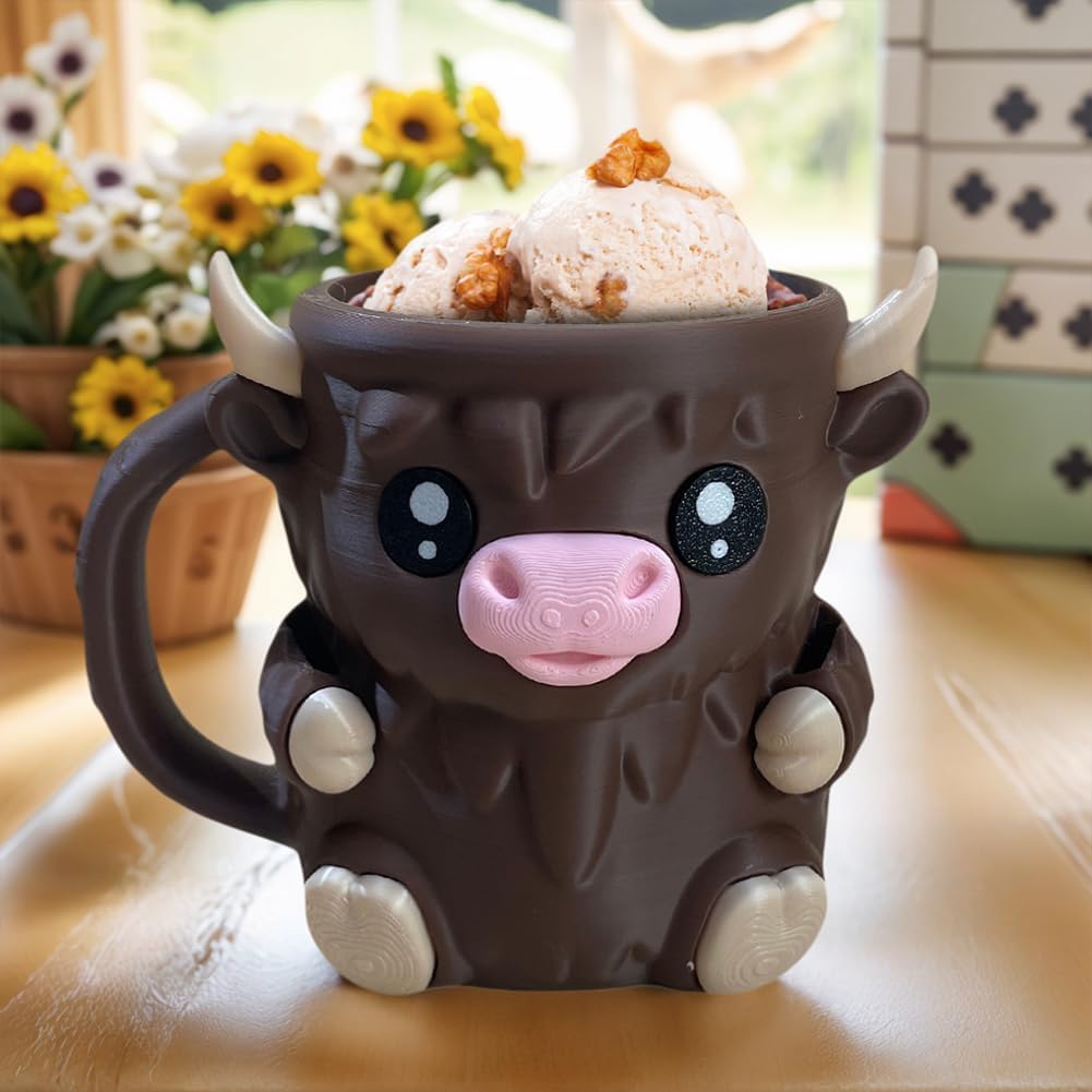 Highland Cow Ice Pint Holder, Cute Cow Ice Cream Pint Holder, Anti-Freeze Hands Ice Cream Sundae with Spoon Slot, Secret Snack Drawer, Reusable Ice Cream, Gift (Pink-1 with Spoons)