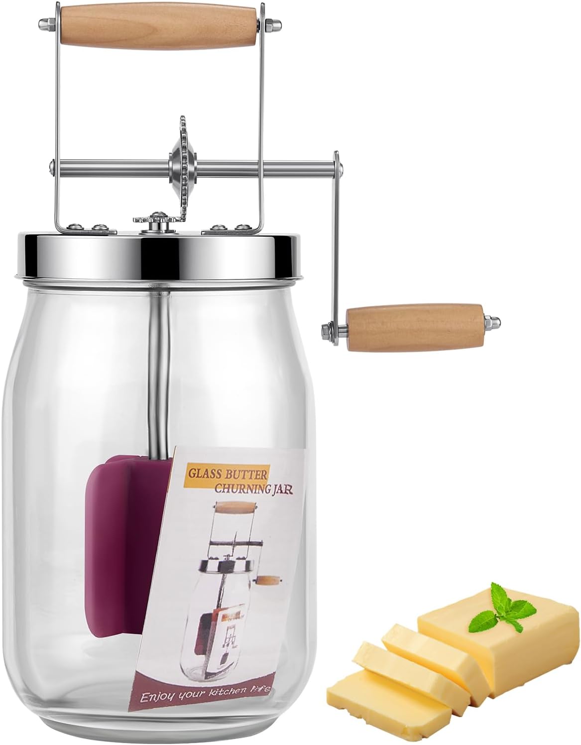 Manual Butter Maker Churner, 1.5L Mason Jar Machine With Stainless Steel Gear and Hand Crank, Wooden Handle for Baking - Top Gadgets