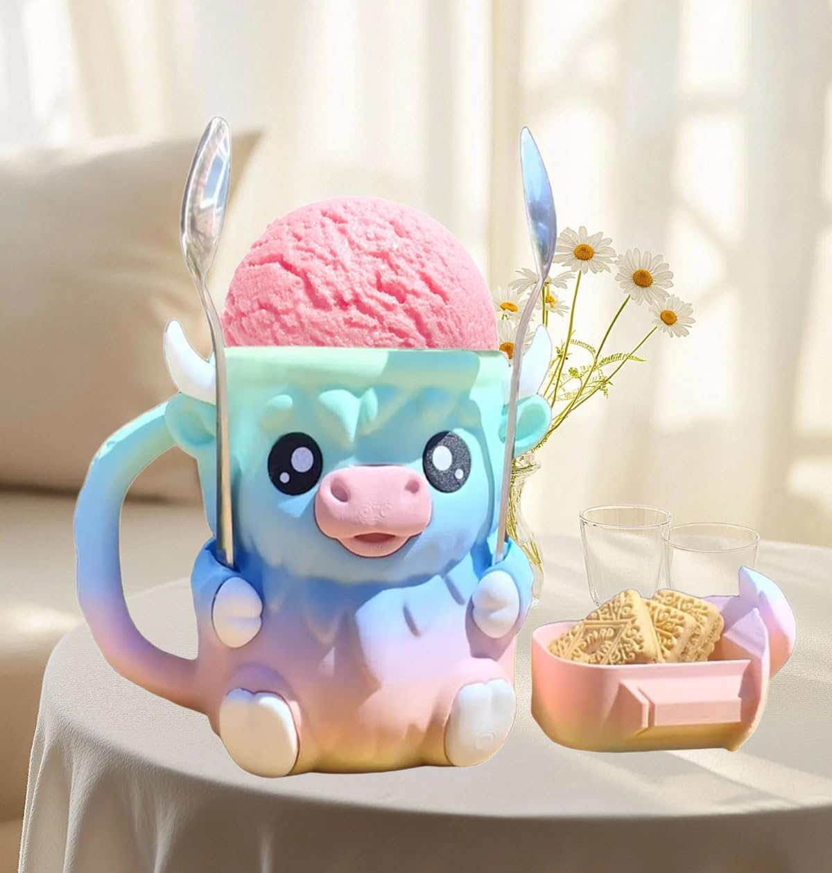 Highland Cow Ice Pint Holder, Cute Cow Ice Cream Pint Holder, Anti-Freeze Hands Ice Cream Sundae with Spoon Slot, Secret Snack Drawer, Reusable Ice Cream, Gift (Pink-1 with Spoons)