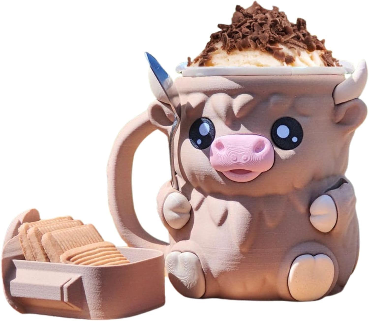 Highland Cow Ice Pint Holder, Cute Cow Ice Cream Pint Holder, Anti-Freeze Hands Ice Cream Sundae with Spoon Slot, Secret Snack Drawer, Reusable Ice Cream, Gift (Pink-1 with Spoons)