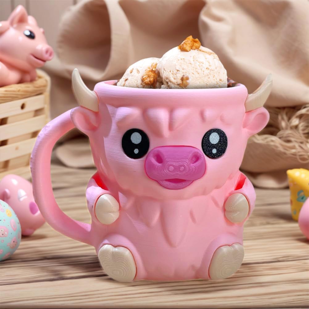 Highland Cow Ice Pint Holder, Cute Cow Ice Cream Pint Holder, Anti-Freeze Hands Ice Cream Sundae with Spoon Slot, Secret Snack Drawer, Reusable Ice Cream, Gift (Pink-1 with Spoons)