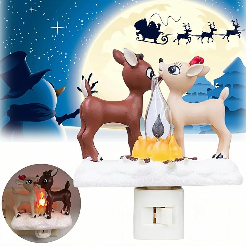 Reindeer Night Light with Flickering Flame – LED Faux Campfire Lamp for Christmas & Halloween Decor, Warm White Twinkling Nightlight for Bedroom, Living Room – Plug in Holiday Home Decoration