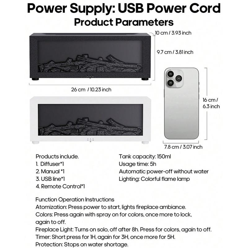 Fireplace Essential Oil Diffuser Aromatherapy 150ml Ultrasonic Cool Mist Humidifier with Remote Control Waterless Auto Off Timer for Home Office