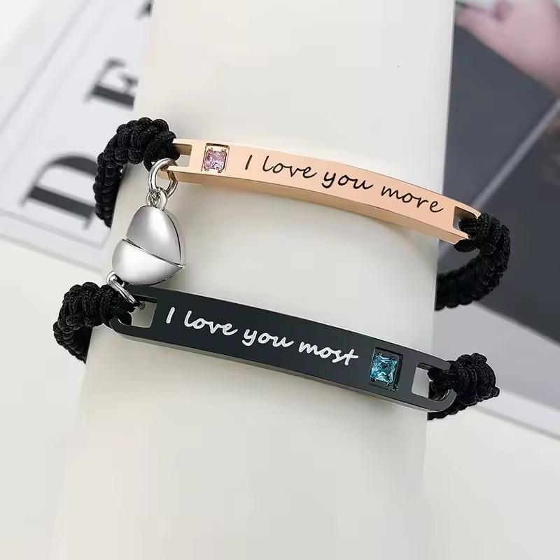 2pcs Set Lovebirds Magnetic Bracelets, Handmade Braided Heart-Shaped Alloy Wristbands with I Love You More" & I Love You Most" Engravings, Adjustable Rope Cuff Bands, Perfect Anniversary Gift for Couples, | Romantic Gift | Alloy Construction, Love Gifts