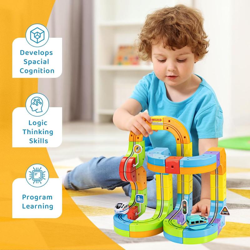 Electric Train Set Flexible Race Track for Kids 4 6 7 8, 48 Pcs Car Track for Toddlers 3-5, Building Toy Train Track Gravity-Defying 3D Embedded Layouts & Motorized Car, STEM Learning Gift