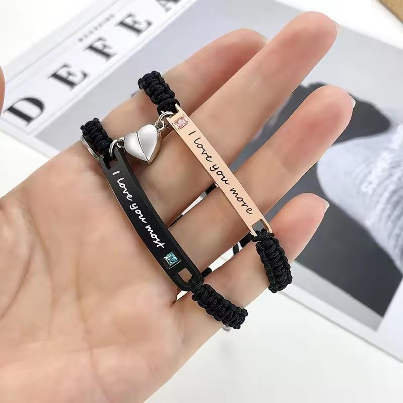2pcs Set Lovebirds Magnetic Bracelets, Handmade Braided Heart-Shaped Alloy Wristbands with I Love You More" & I Love You Most" Engravings, Adjustable Rope Cuff Bands, Perfect Anniversary Gift for Couples, | Romantic Gift | Alloy Construction, Love Gifts