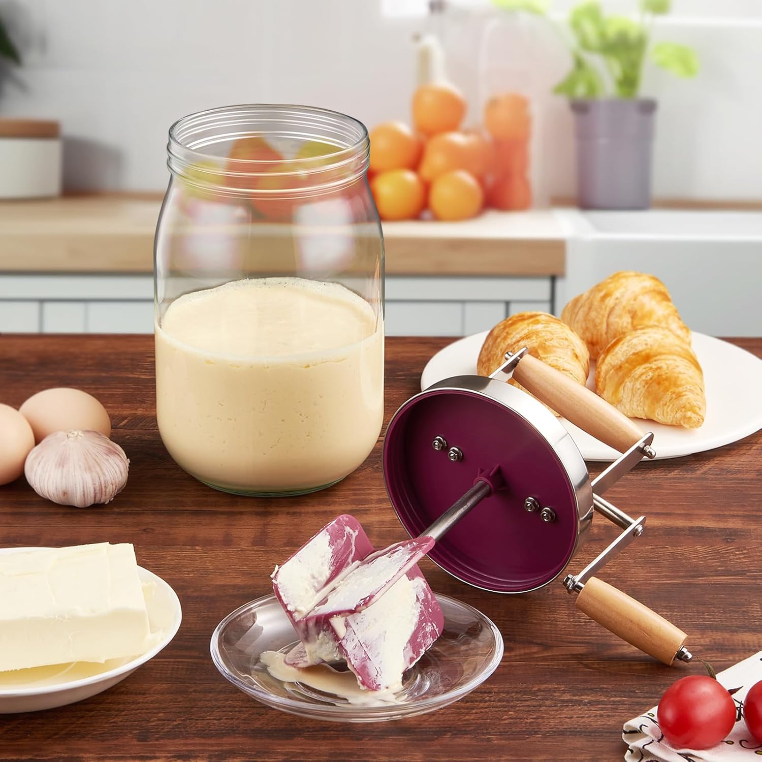 Manual Butter Maker Churner, 1.5L Mason Jar Machine With Stainless Steel Gear and Hand Crank, Wooden Handle for Baking - Top Gadgets