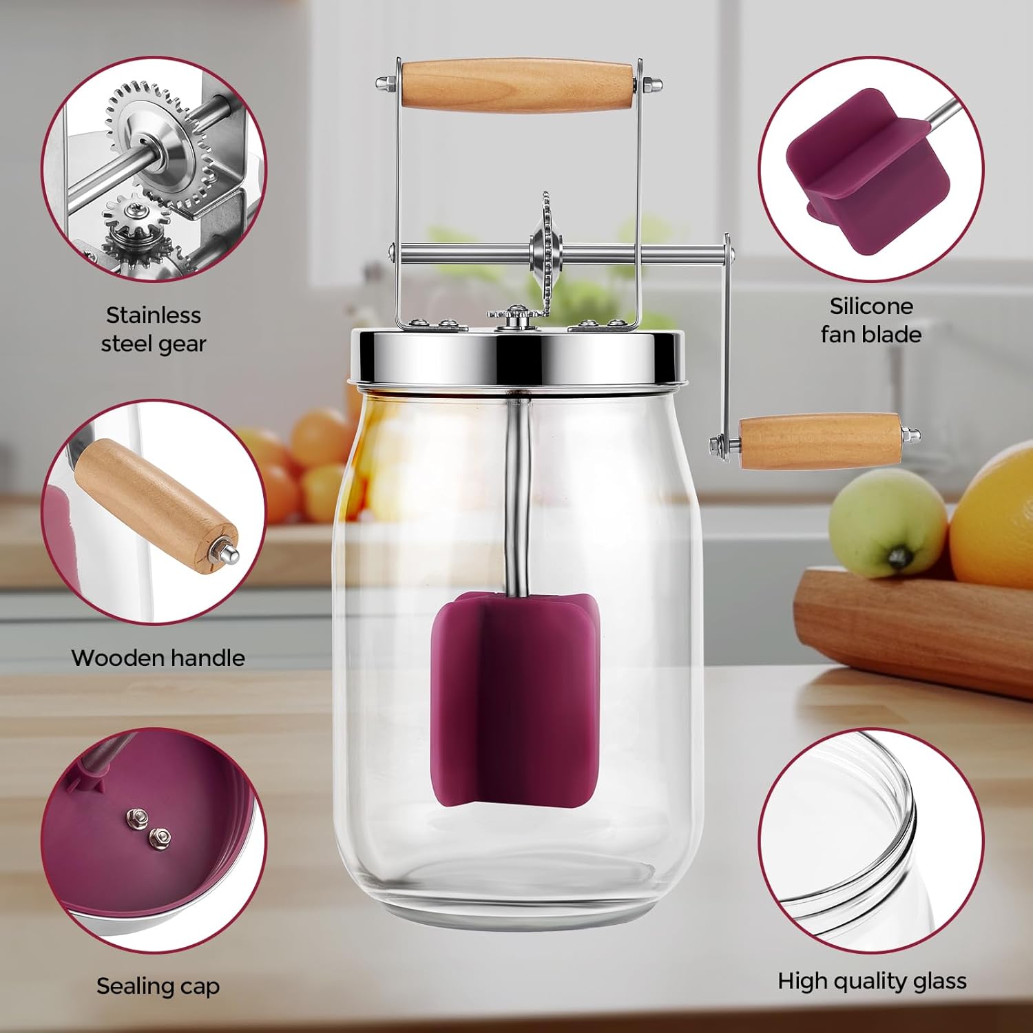 Manual Butter Maker Churner, 1.5L Mason Jar Machine With Stainless Steel Gear and Hand Crank, Wooden Handle for Baking - Top Gadgets